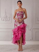 Jacquard Organza Mermaid Strapless Midi Cocktail Dresses with Ruffles