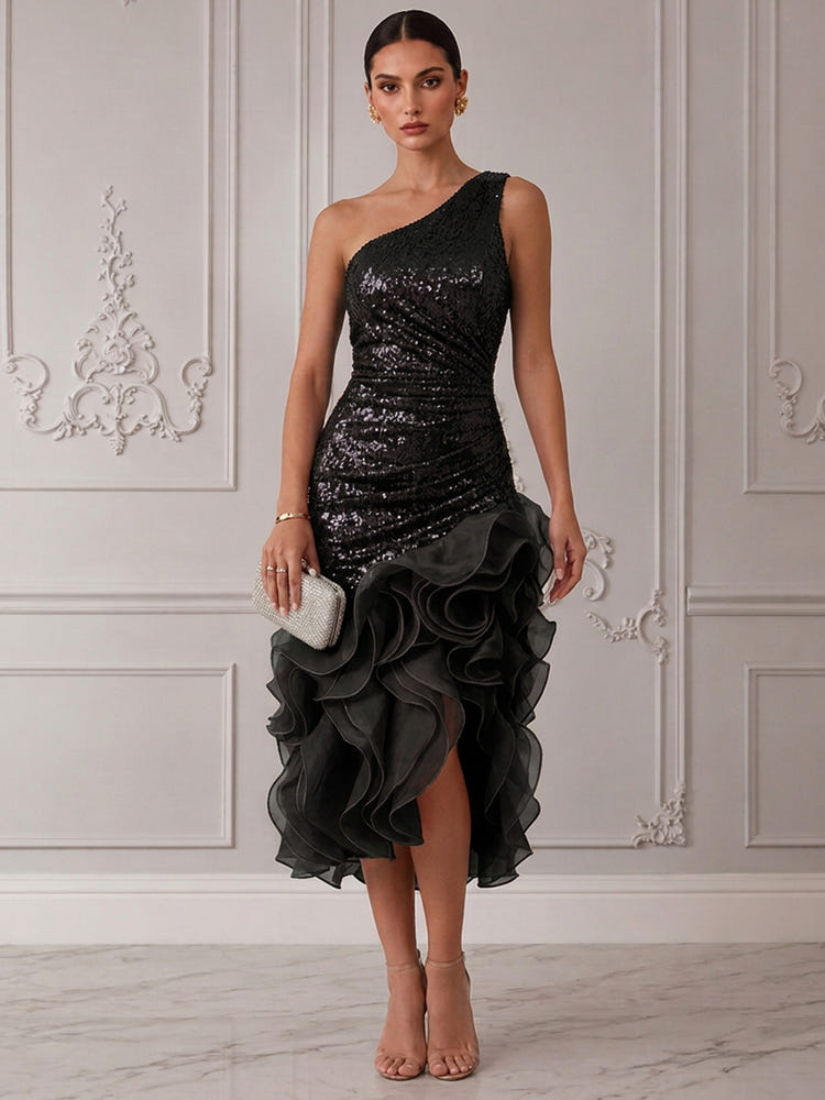Sequins Organza Mermaid One Shoulder Midi Cocktail Dresses with Ruffles