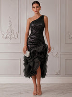 Sequins Organza Mermaid One Shoulder Midi Cocktail Dresses with Ruffles
