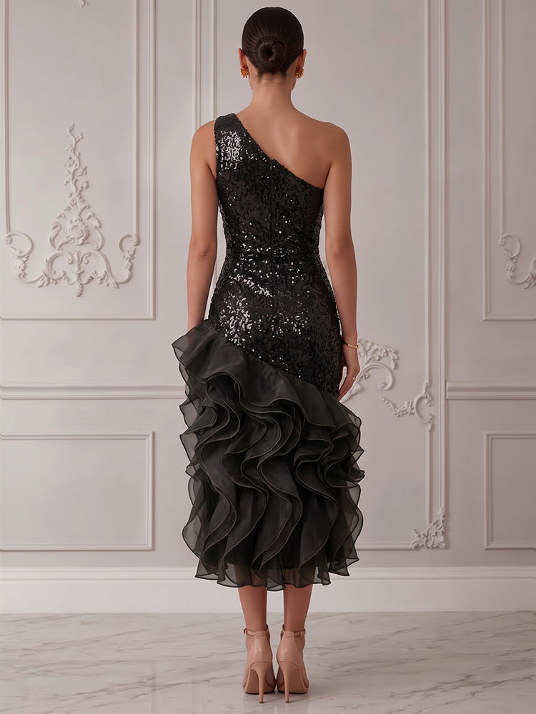 Sequins Organza Mermaid One Shoulder Midi Cocktail Dresses with Ruffles