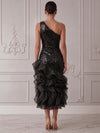Sequins Organza Mermaid One Shoulder Midi Cocktail Dresses with Ruffles