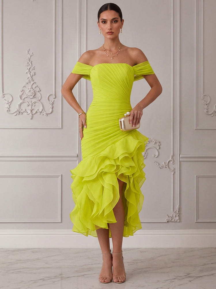 Chiffon Organza Mermaid Off Shoulder Midi Cocktail Dresses with Ruffles