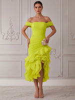 Chiffon Organza Mermaid Off Shoulder Midi Cocktail Dresses with Ruffles