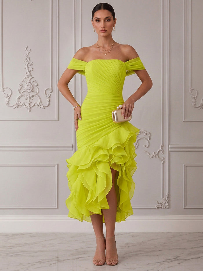 Chiffon Organza Mermaid Off Shoulder Midi Cocktail Dresses with Ruffles