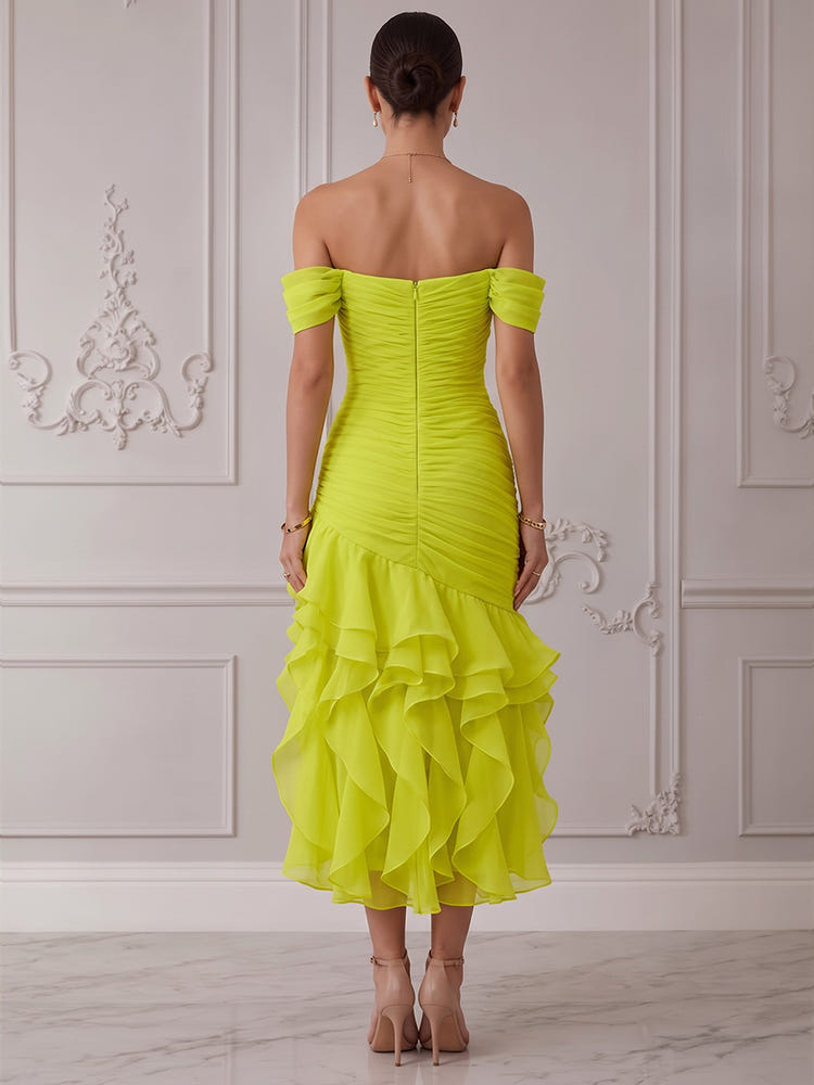 Chiffon Organza Mermaid Off Shoulder Midi Cocktail Dresses with Ruffles