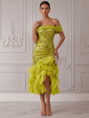 Sequins Organza Mermaid Off Shoulder Midi Cocktail Dresses with Ruffles