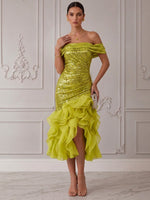 Sequins Organza Mermaid Off Shoulder Midi Cocktail Dresses with Ruffles