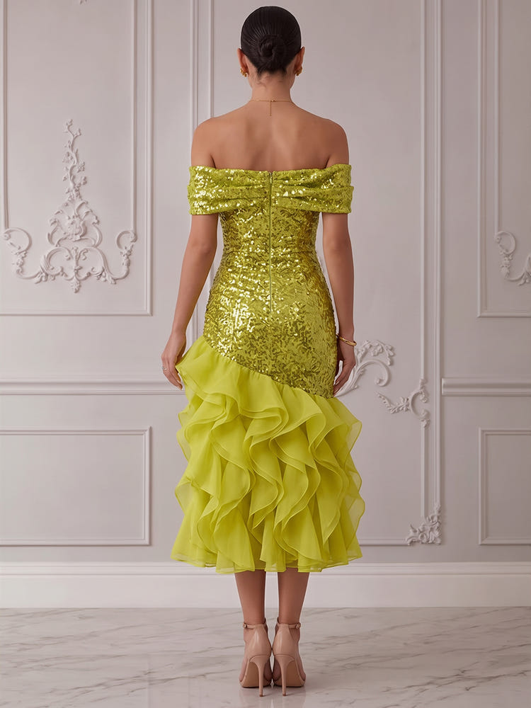 Sequins Organza Mermaid Off Shoulder Midi Cocktail Dresses with Ruffles