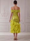 Sequins Organza Mermaid Off Shoulder Midi Cocktail Dresses with Ruffles