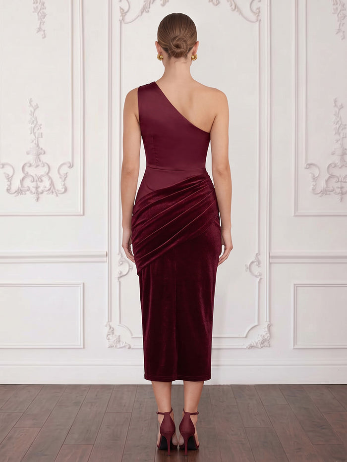 Velvet Sheath One Shoulder Midi Cocktail Dresses with Pleated