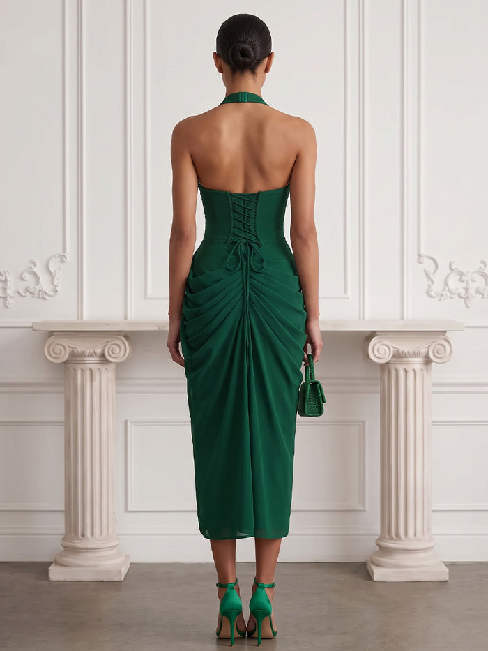 Chiffon Sheath Halter Midi Cocktail Dresses with Side Slit