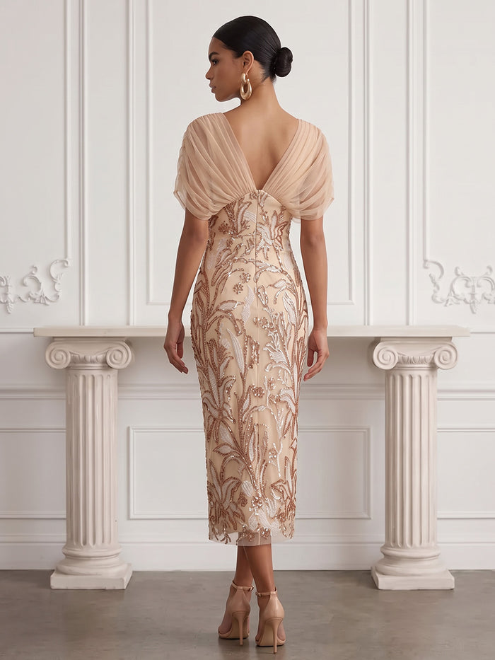Chiffon Sheath V Neck Midi Cocktail Dresses with Sequin Embroidery