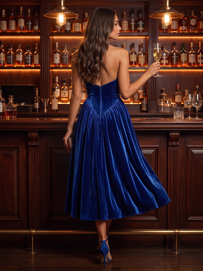 Velvet A-Line Halter Midi Cocktail Dresses with Deep V Neck