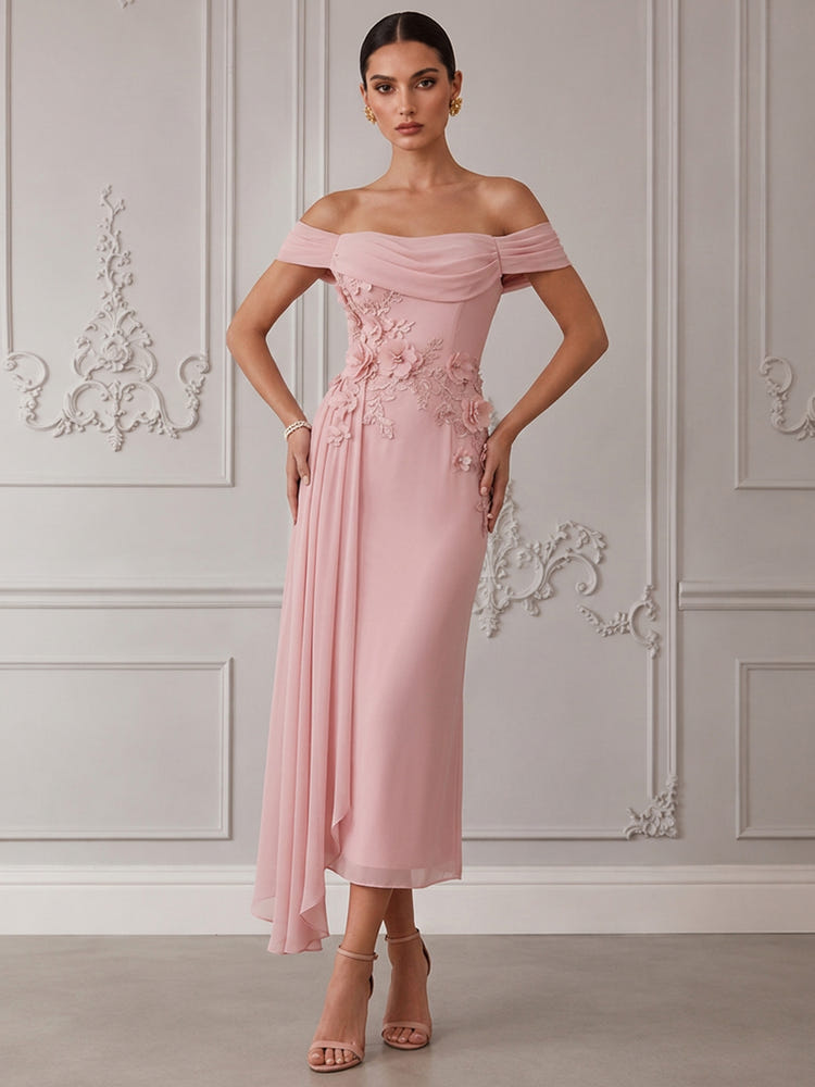 Chiffon Sheath Off Shoulder Cocktail Dresses with 3D Flower Appliques
