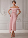Chiffon Sheath Off Shoulder Cocktail Dresses with 3D Flower Appliques