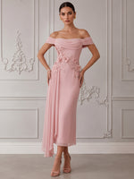Chiffon Sheath Off Shoulder Cocktail Dresses with 3D Flower Appliques
