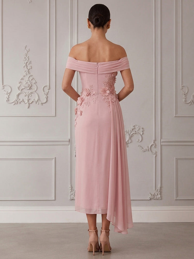 Chiffon Sheath Off Shoulder Cocktail Dresses with 3D Flower Appliques