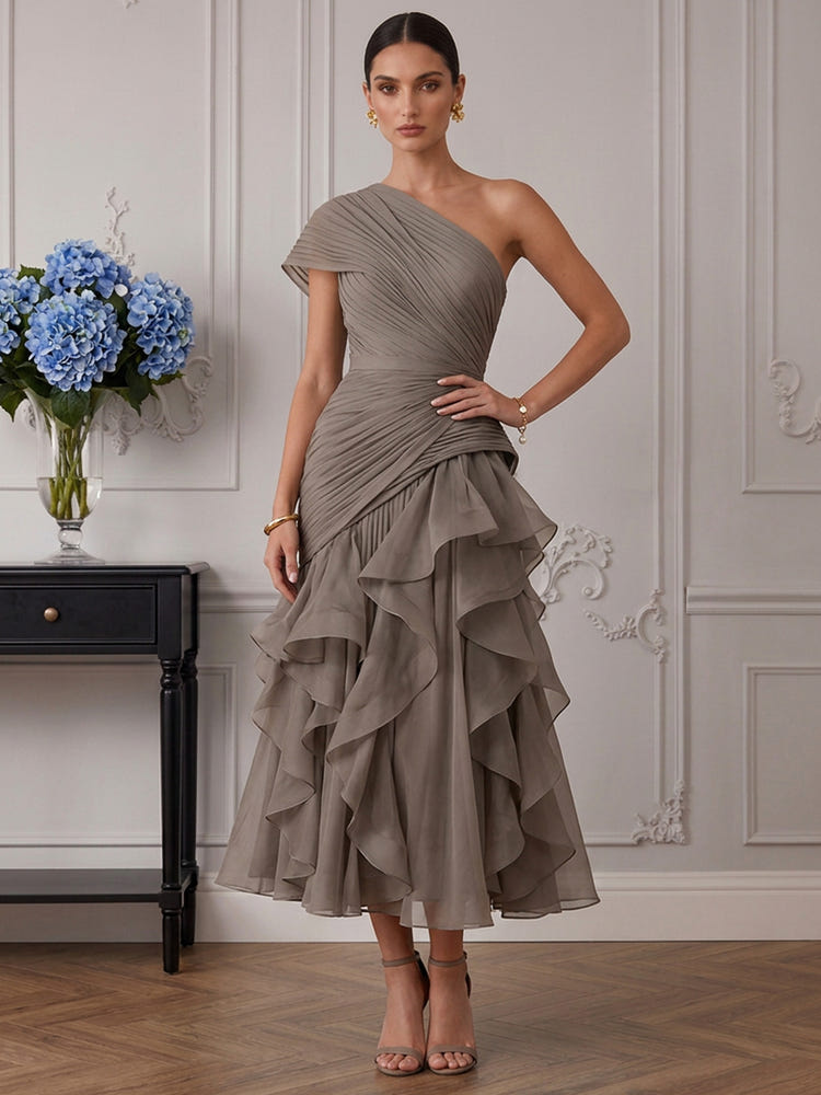 Chiffon A-Line One Shoulder Cocktail Dresses with Delicate Pleated