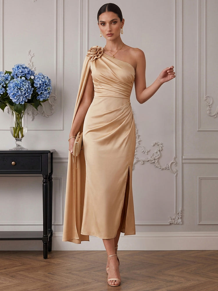 Satin Mermaid One Shoulder Cocktail Dresses with Draped Side Sash
