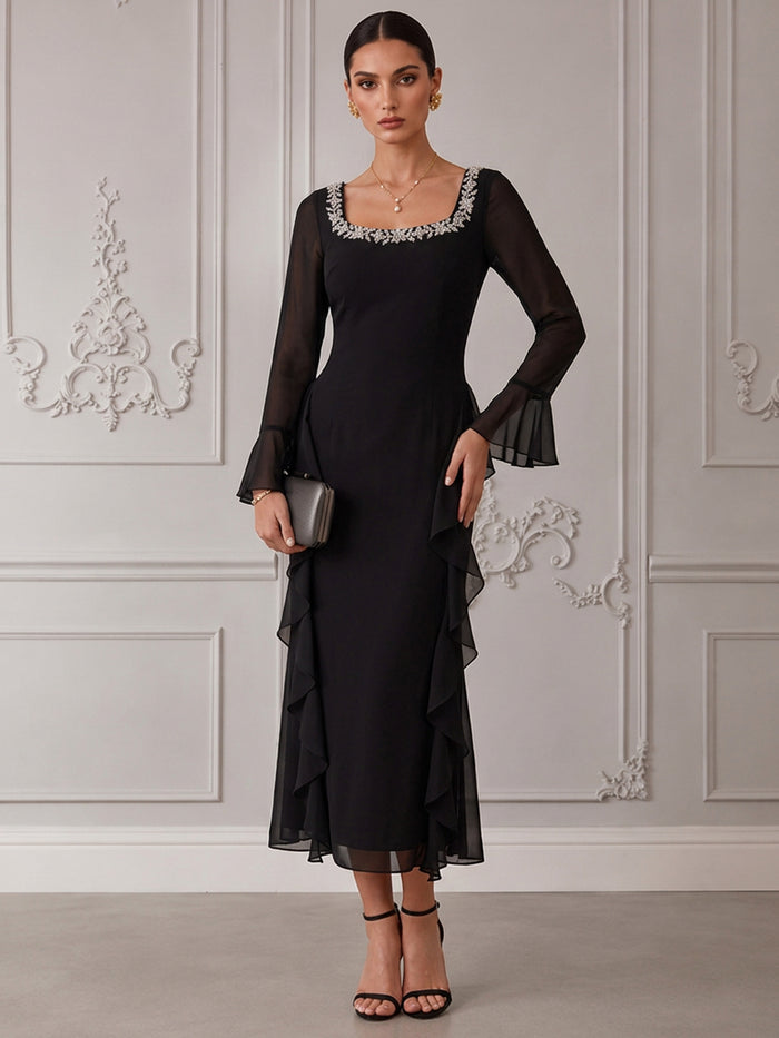 Chiffon A-Line Square Neck Cocktail Dresses with Ruffles