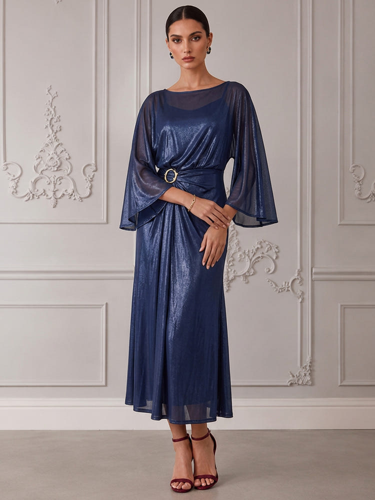 Metallic Shimmer Mesh A-Line Crew Neck Cocktail Dresses with Gold Circular Buckle