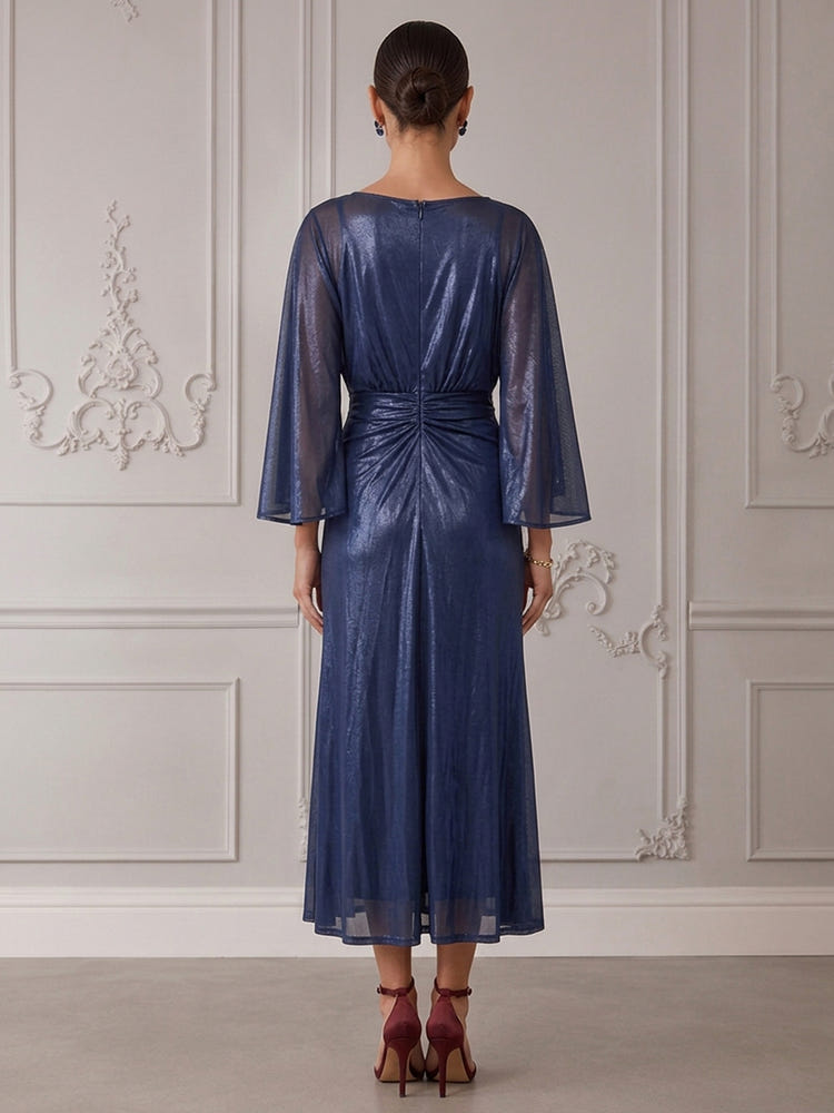 Metallic Shimmer Mesh A-Line Crew Neck Cocktail Dresses with Gold Circular Buckle