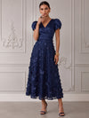Satin A-Line V Neck Cocktail Dresses with 3D Flower Appliques