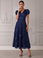 Satin A-Line V Neck Cocktail Dresses with 3D Flower Appliques