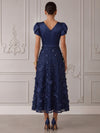 Satin A-Line V Neck Cocktail Dresses with 3D Flower Appliques