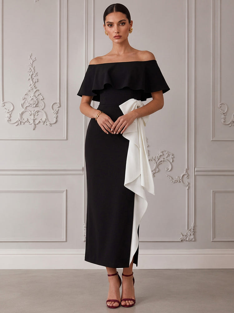 Jersey Sheath Off Shoulder Cocktail Dresses with Oversized Bow