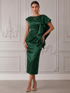 Satin Sheath Boat Neck Cocktail Dresses with Ruffles