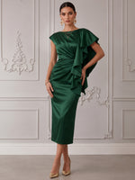 Satin Sheath Boat Neck Cocktail Dresses with Ruffles