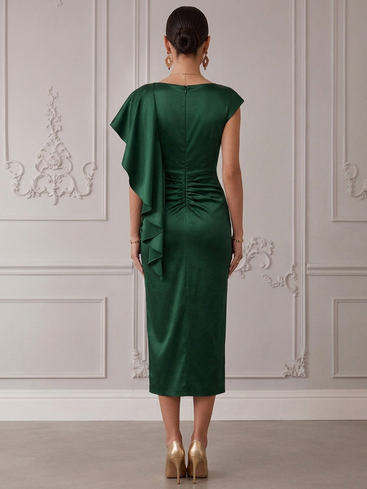 Satin Sheath Boat Neck Cocktail Dresses with Ruffles