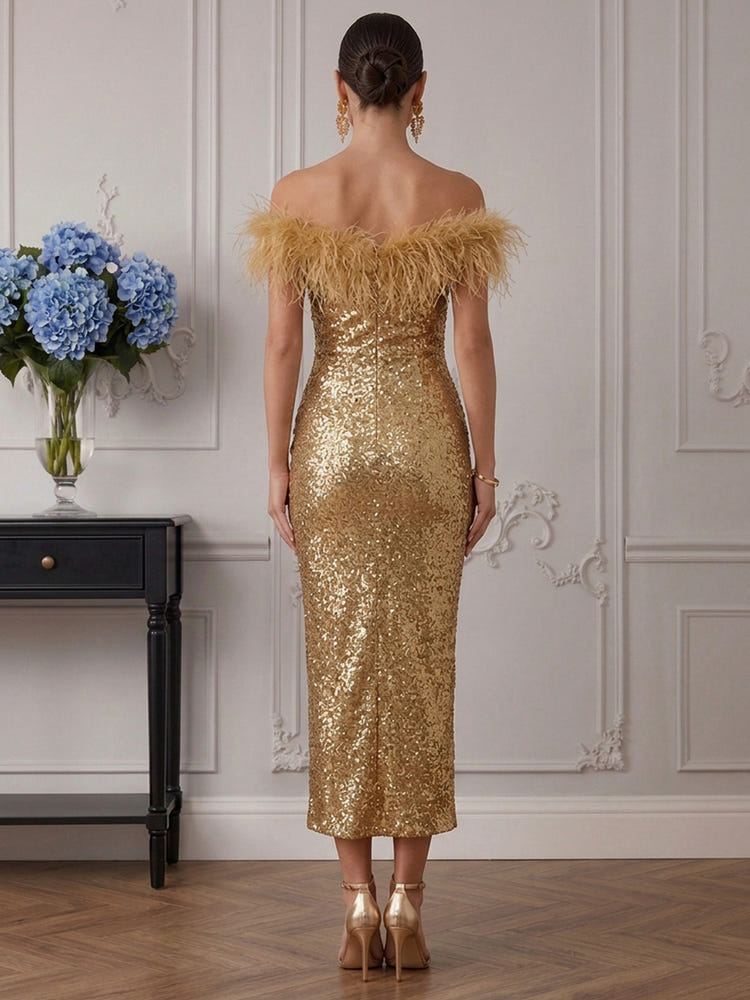 Sequins Sheath Off Shoulder Cocktail Dresses with Feathers