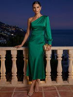 Satin Mermaid One Shoulder Cocktail Dresses with Wide Defined Waistband