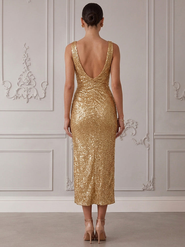 Sequins Mermaid V Neck Cocktail Dresses with Side Slit
