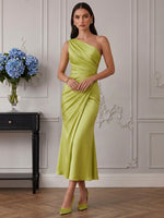 Satin Mermaid One Shoulder Cocktail Dresses with Pleated