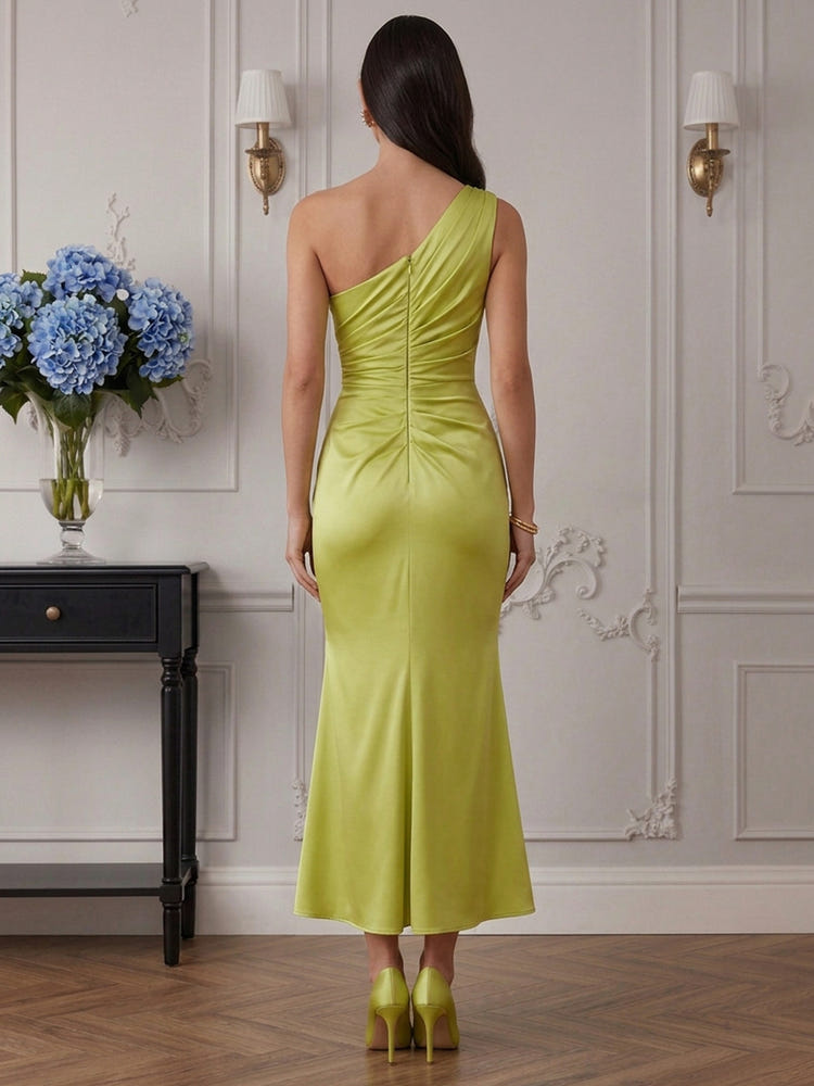 Satin Mermaid One Shoulder Cocktail Dresses with Pleated