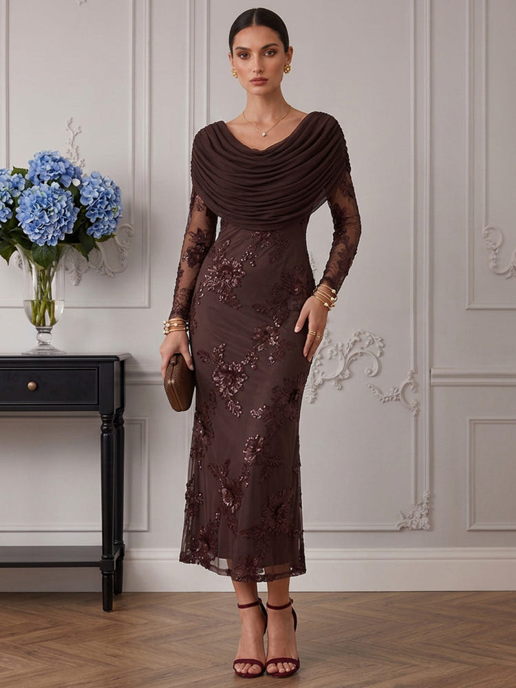 Mesh Mermaid Cowl Neck Cocktail Dresses with Floral Sequin Embroidery