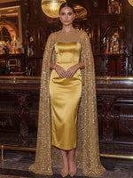 Satin Mermaid Crew Neck Cocktail Dresses with Long Sequin Tulle Cape Shawl