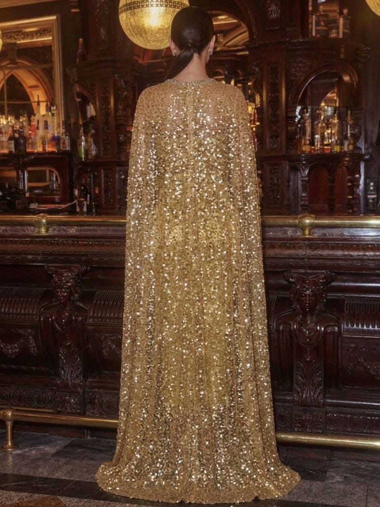 Satin Mermaid Crew Neck Cocktail Dresses with Long Sequin Tulle Cape Shawl