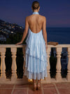 Metallic Shimmer Crinkle Chiffon A-Line High Neck Halter Cocktail Dresses with Ruffles