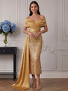 Sequins Mermaid Off Shoulder Cocktail Dresses with Draped Side Sash