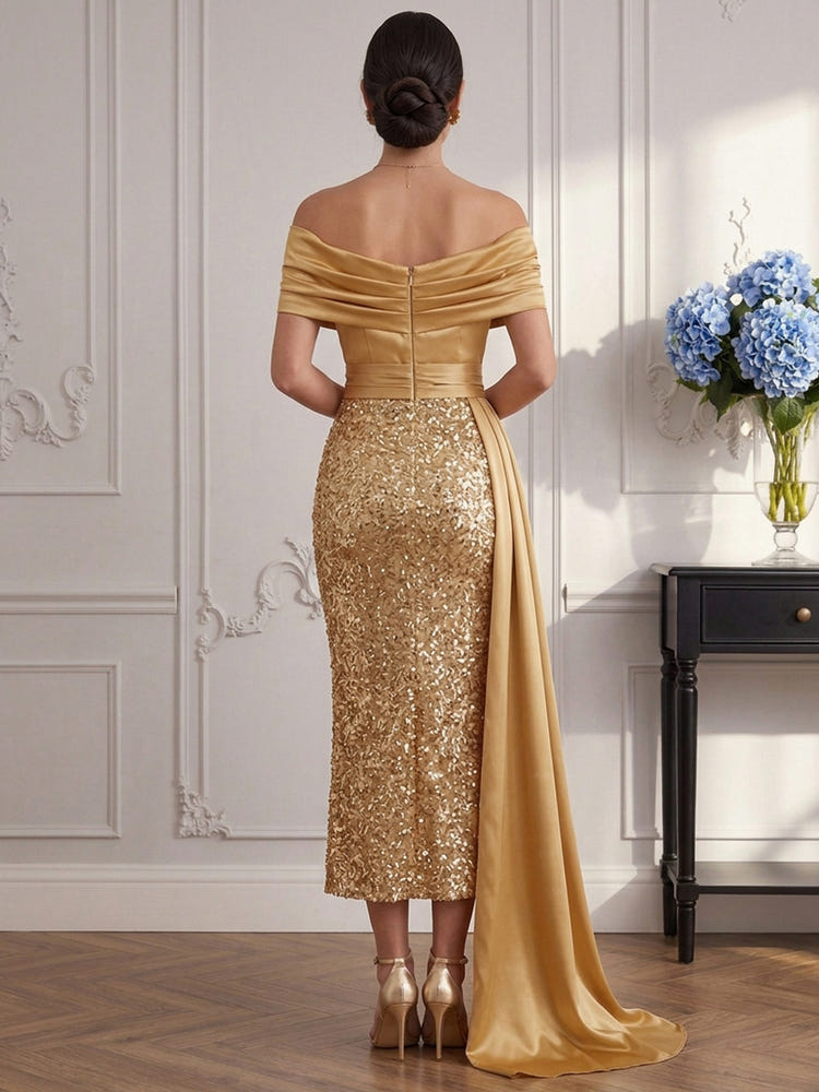 Sequins Mermaid Off Shoulder Cocktail Dresses with Draped Side Sash