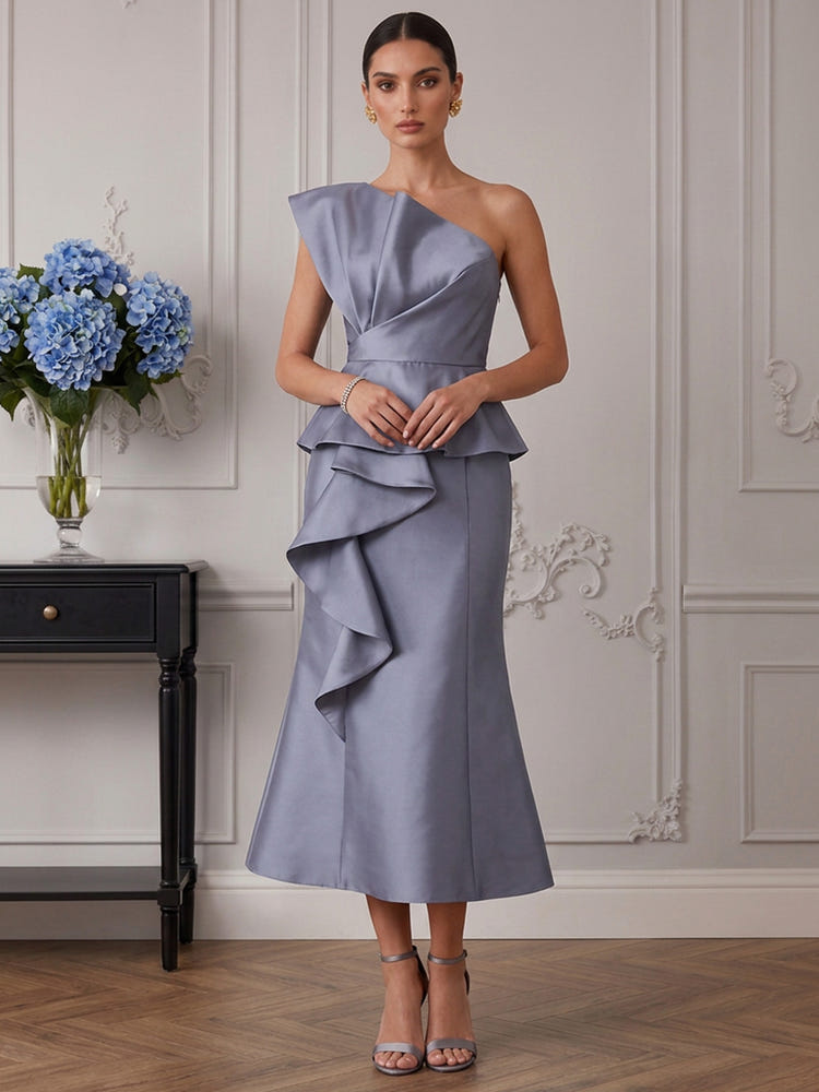Satin Mermaid One Shoulder Cocktail Dresses with Ruffles