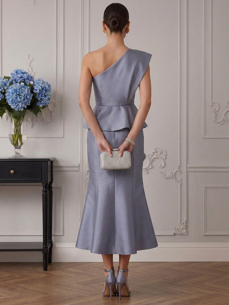 Satin Mermaid One Shoulder Cocktail Dresses with Ruffles