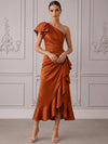 Satin A-Line One Shoulder Cocktail Dresses with Side Waist Ruched