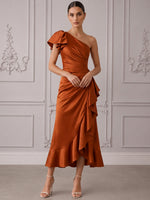 Satin A-Line One Shoulder Cocktail Dresses with Side Waist Ruched