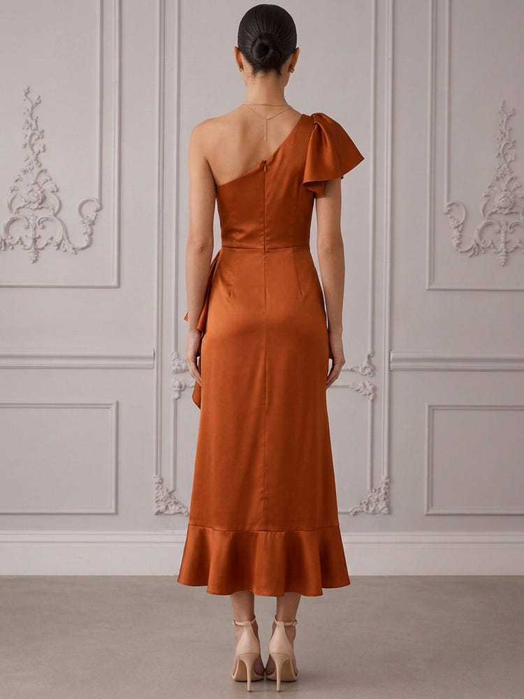 Satin A-Line One Shoulder Cocktail Dresses with Side Waist Ruched