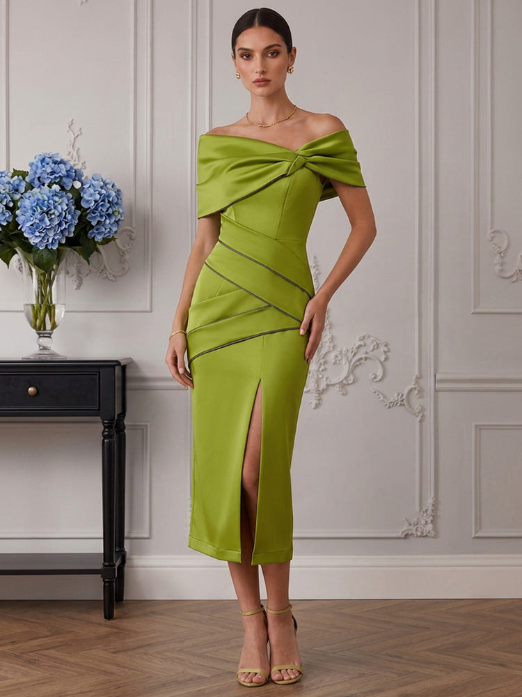 Satin Mermaid Off Shoulder Cocktail Dresses with Side Slit